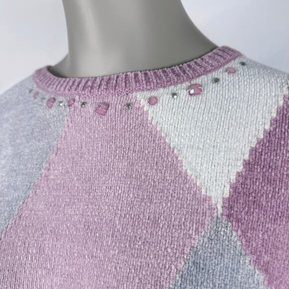 Chenille Argyle Sweater Pink Gray White Size XL Cozy Y2K Grandma Core - Picture 4 of 9